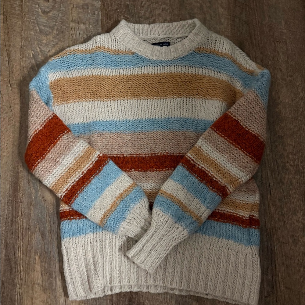 American Eagle Outfitters Cozy Striped Sweater in Cream, Blue, and Orange